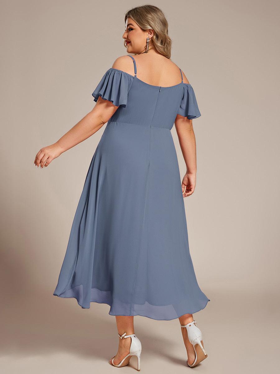 Robes d'invitées de mariage en mousseline, épaules dénudées, hautes et basses, manches courtes #Couleur_Marine Fume