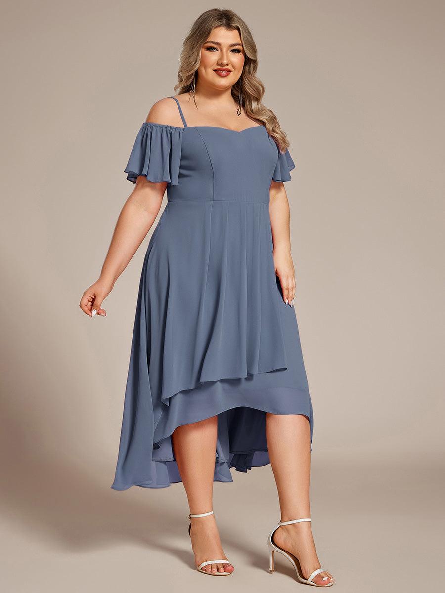 Robes d'invitées de mariage en mousseline, épaules dénudées, hautes et basses, manches courtes #Couleur_Marine Fume