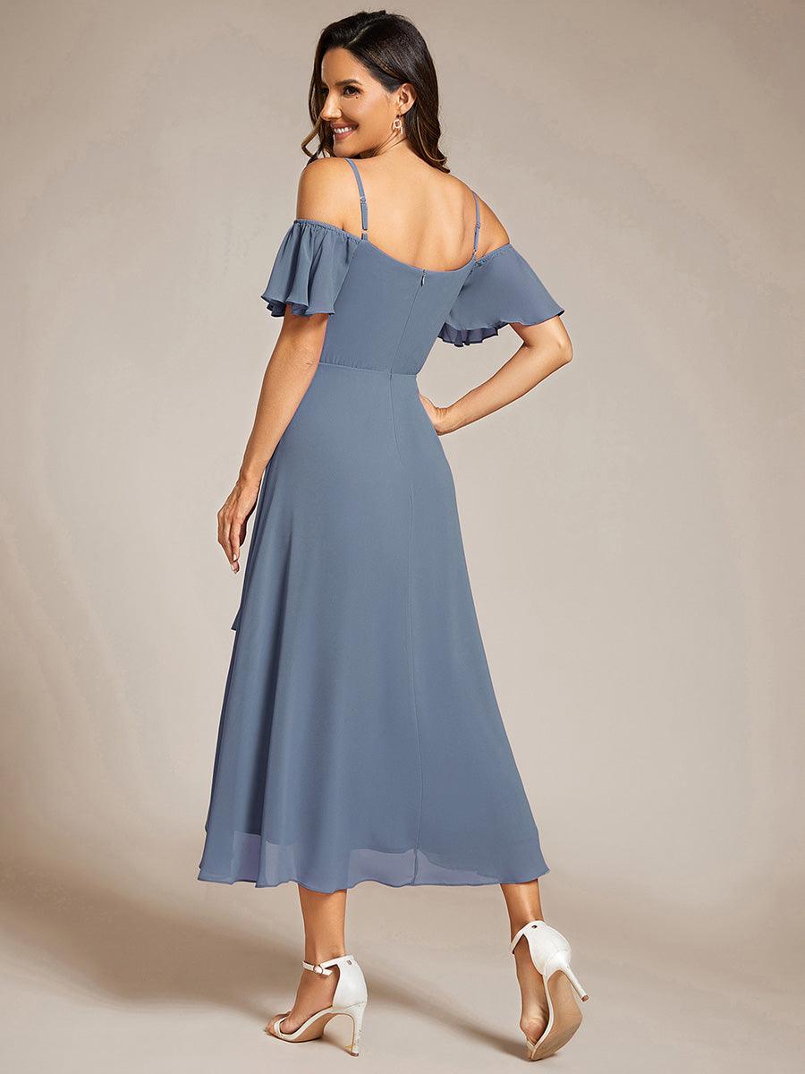 Robes d'invitées de mariage en mousseline, épaules dénudées, hautes et basses, manches courtes #Couleur_Marine Fume