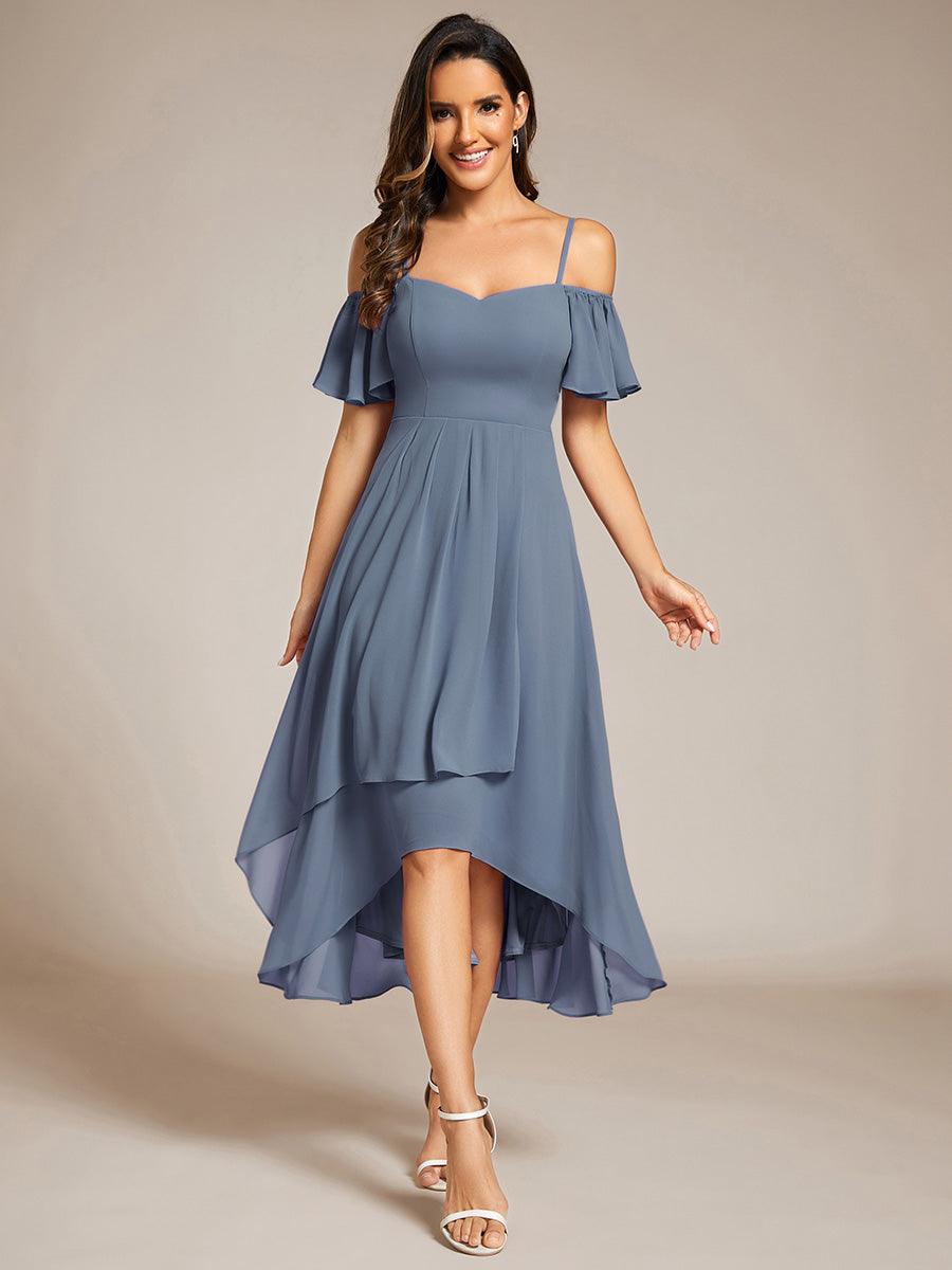Robes d'invitées de mariage en mousseline, épaules dénudées, hautes et basses, manches courtes #Couleur_Marine Fume