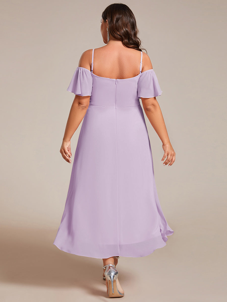 Robes d'invitées de mariage en mousseline  épaules dénudées  hautes et basses  manches courtes #Couleur_Lilas Givré