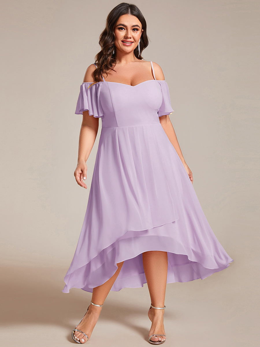 Robes d'invitées de mariage en mousseline  épaules dénudées  hautes et basses  manches courtes #Couleur_Lilas Givré