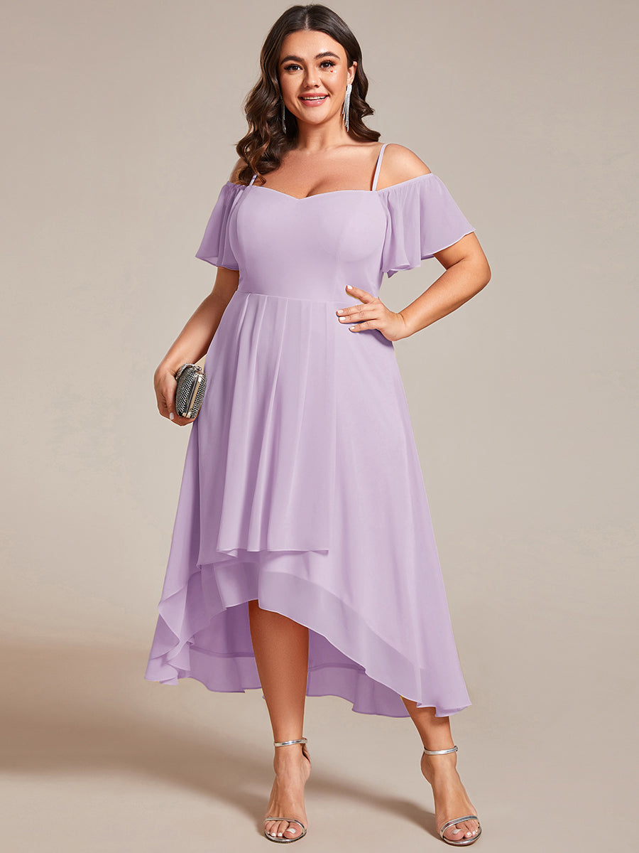 Robes d'invitées de mariage en mousseline  épaules dénudées  hautes et basses  manches courtes #Couleur_Lilas Givré