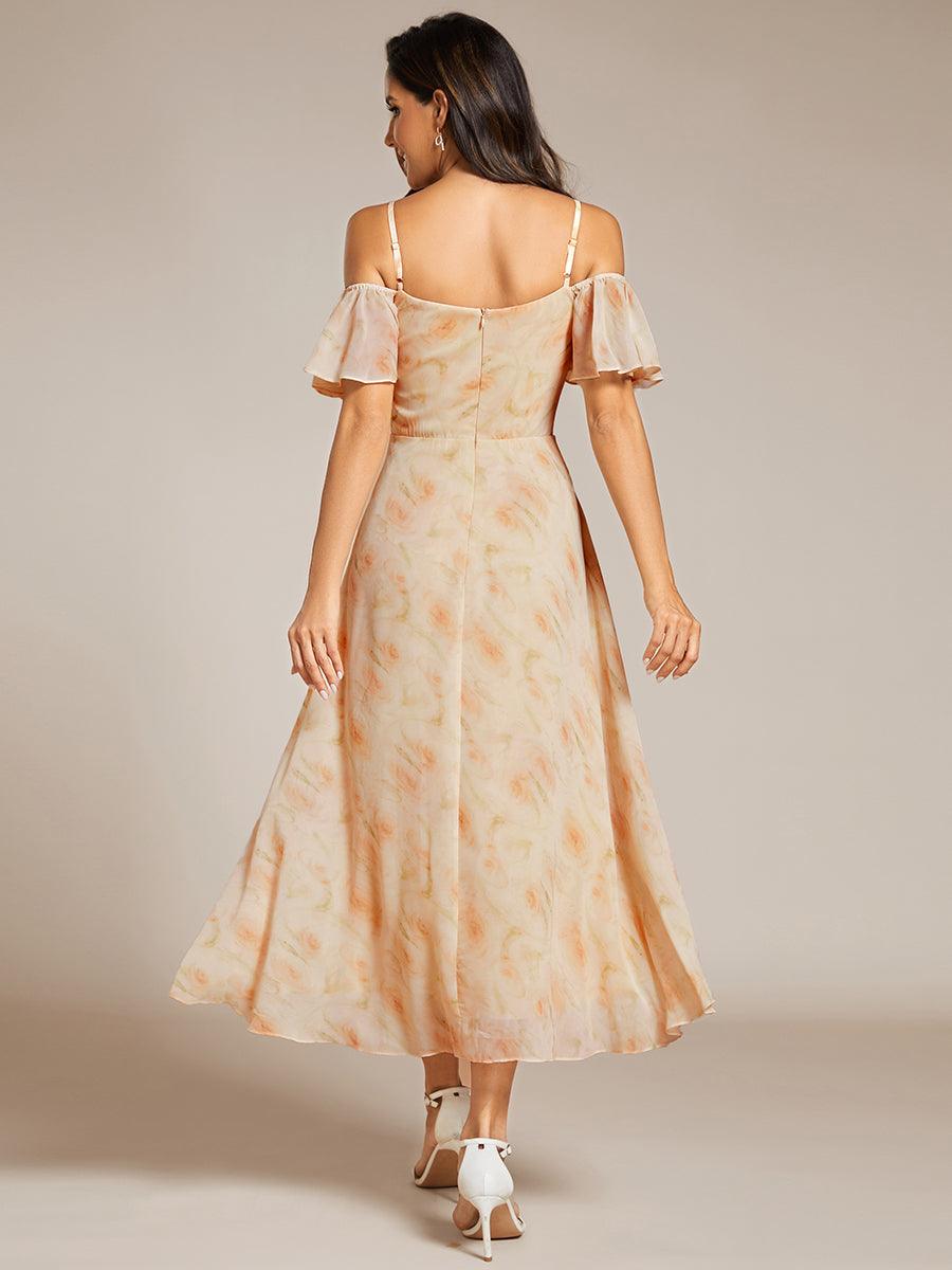 Robes d'invitées de mariage en mousseline, épaules dénudées, hautes et basses, manches courtes #Couleur_Roses Dorées