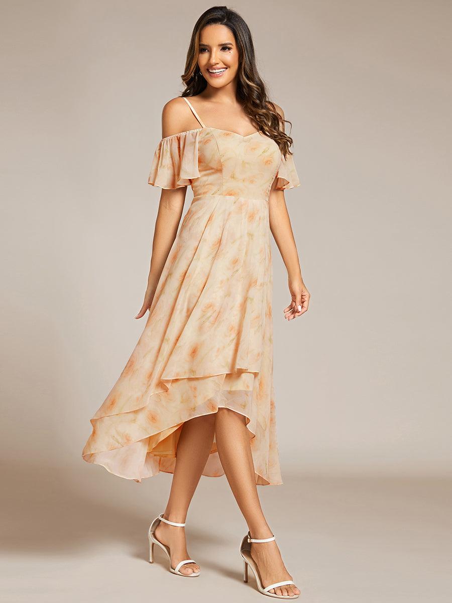 Robes d'invitées de mariage en mousseline, épaules dénudées, hautes et basses, manches courtes #Couleur_Roses Dorées