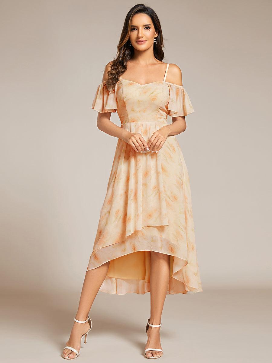 Robes d'invitées de mariage en mousseline, épaules dénudées, hautes et basses, manches courtes #Couleur_Roses Dorées