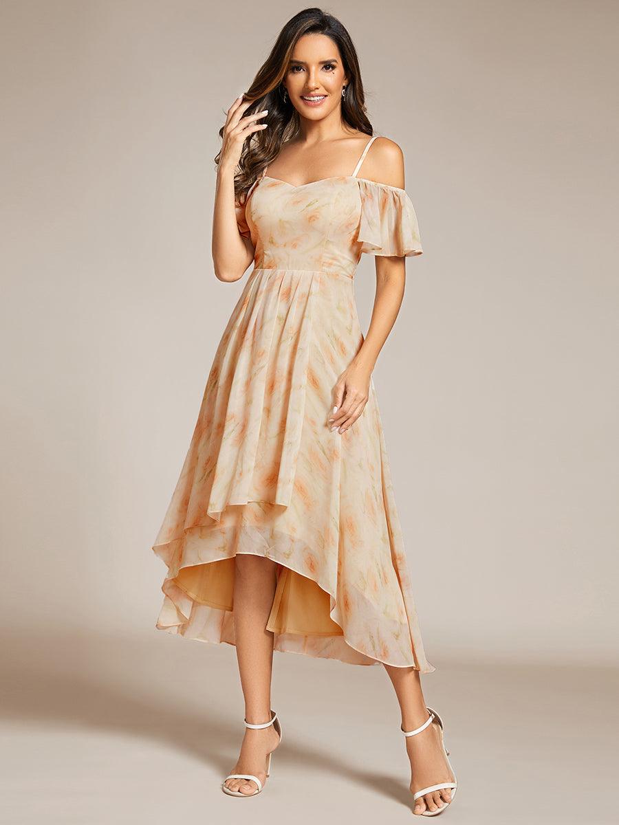 Robes d'invitées de mariage en mousseline, épaules dénudées, hautes et basses, manches courtes #Couleur_Roses Dorées