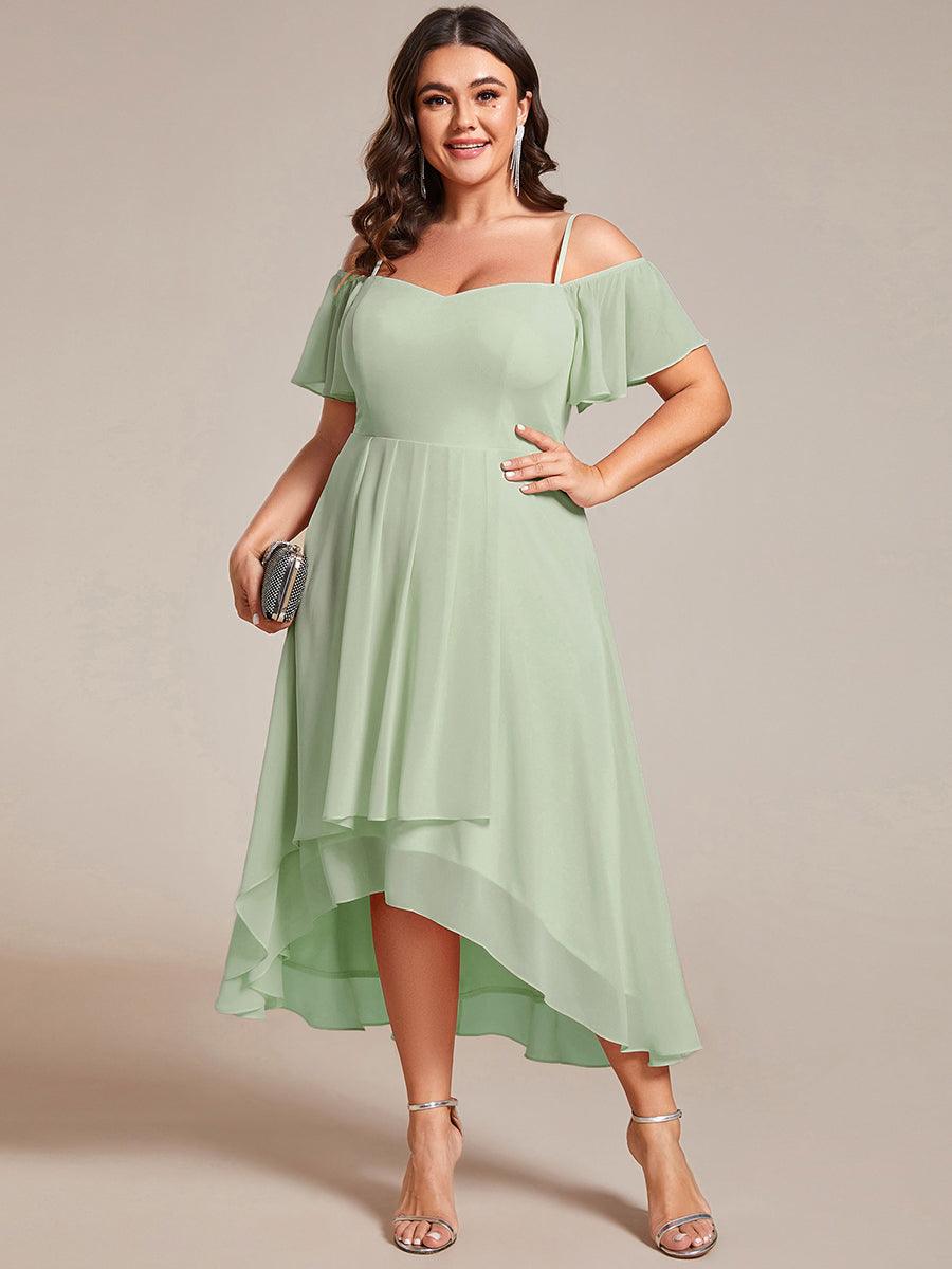 Robes d'invitées de mariage en mousseline, épaules dénudées, hautes et basses, manches courtes #Couleur_Menthe Verte