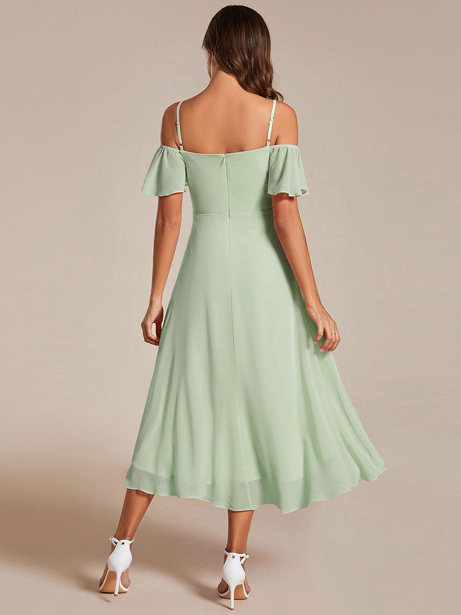 Robes d'invitées de mariage en mousseline, épaules dénudées, hautes et basses, manches courtes #Couleur_Menthe Verte