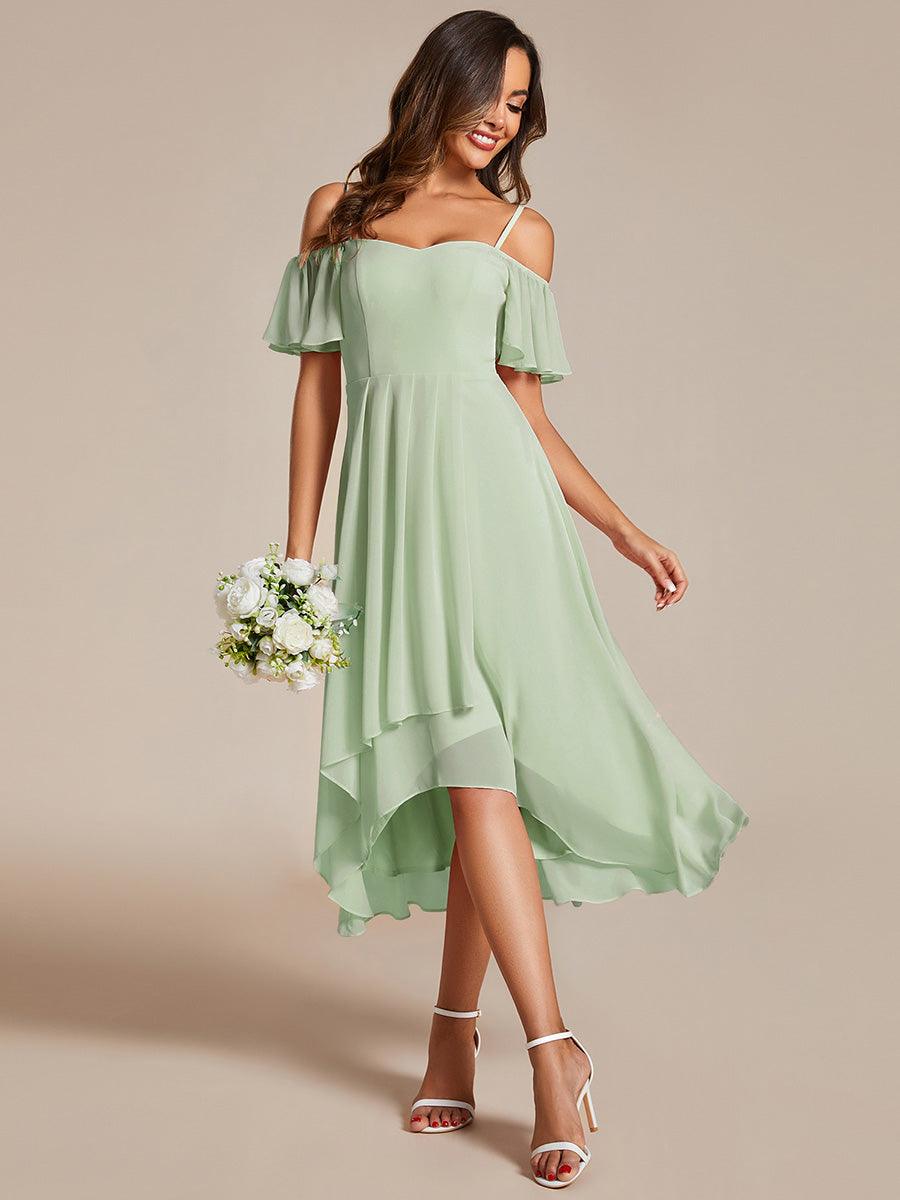 Robes d'invitées de mariage en mousseline, épaules dénudées, hautes et basses, manches courtes #Couleur_Menthe Verte