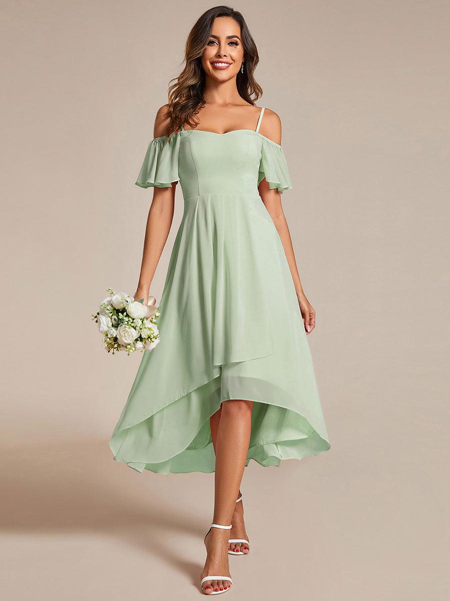 Robes d'invitées de mariage en mousseline, épaules dénudées, hautes et basses, manches courtes #Couleur_Menthe Verte