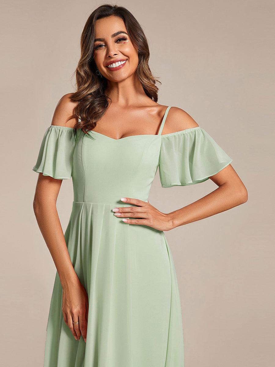 Robes d'invitées de mariage en mousseline, épaules dénudées, hautes et basses, manches courtes #Couleur_Menthe Verte