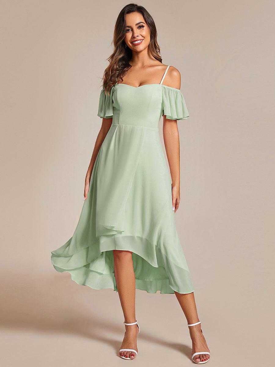 Robes d'invitées de mariage en mousseline, épaules dénudées, hautes et basses, manches courtes #Couleur_Menthe Verte