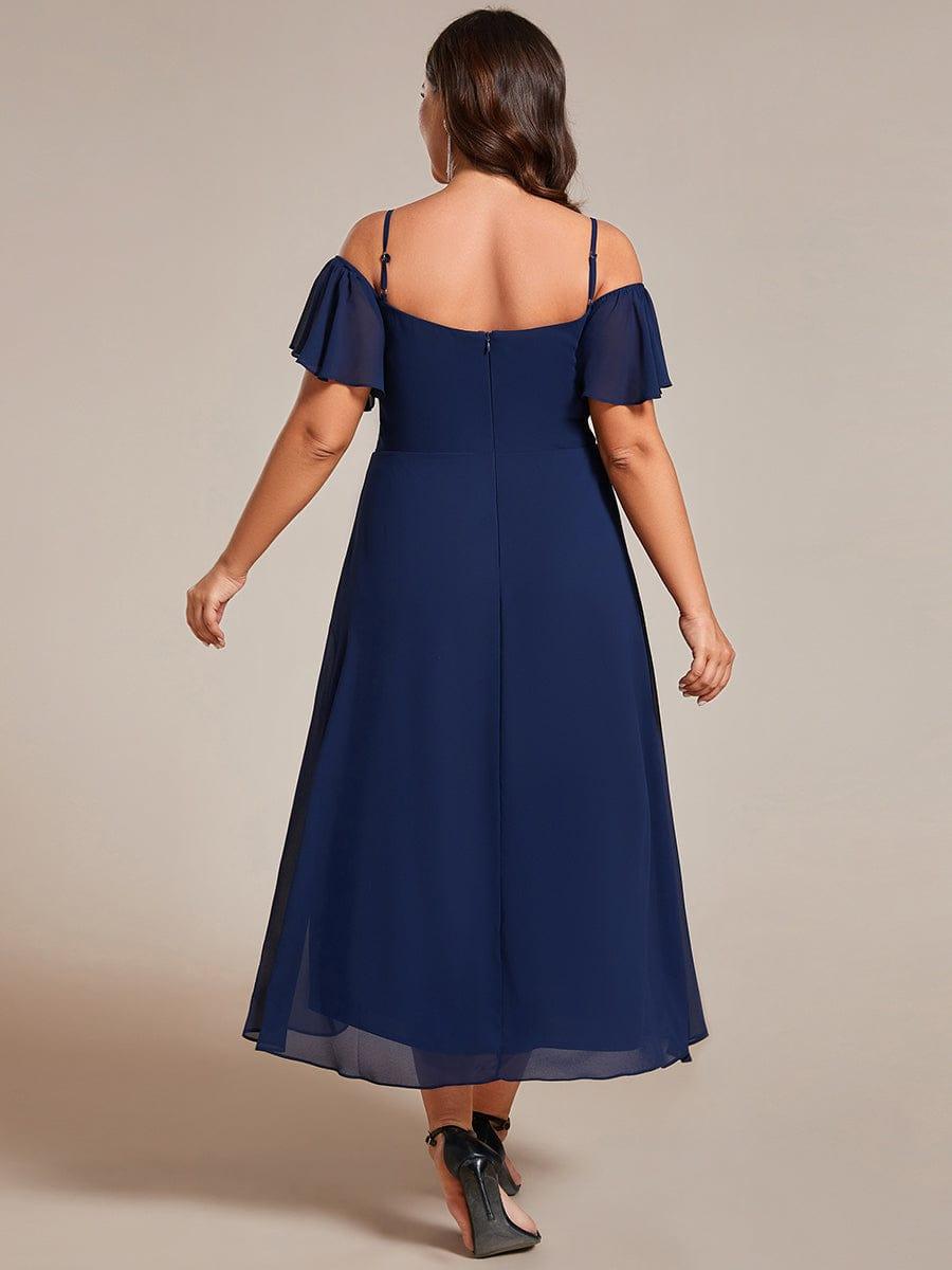 Robes d'invitées de mariage en mousseline, épaules dénudées, hautes et basses, manches courtes #Couleur_Bleu Marine