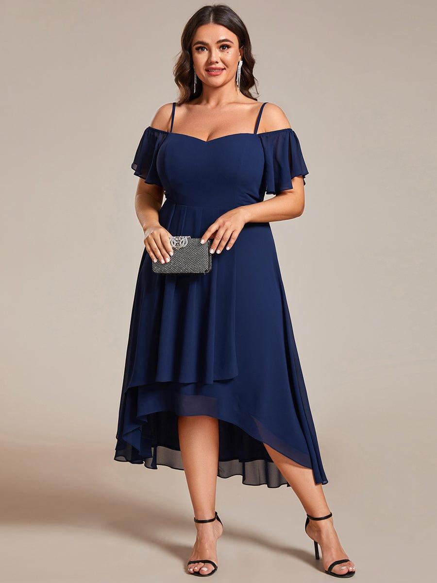 Robes d'invitées de mariage en mousseline, épaules dénudées, hautes et basses, manches courtes #Couleur_Bleu Marine
