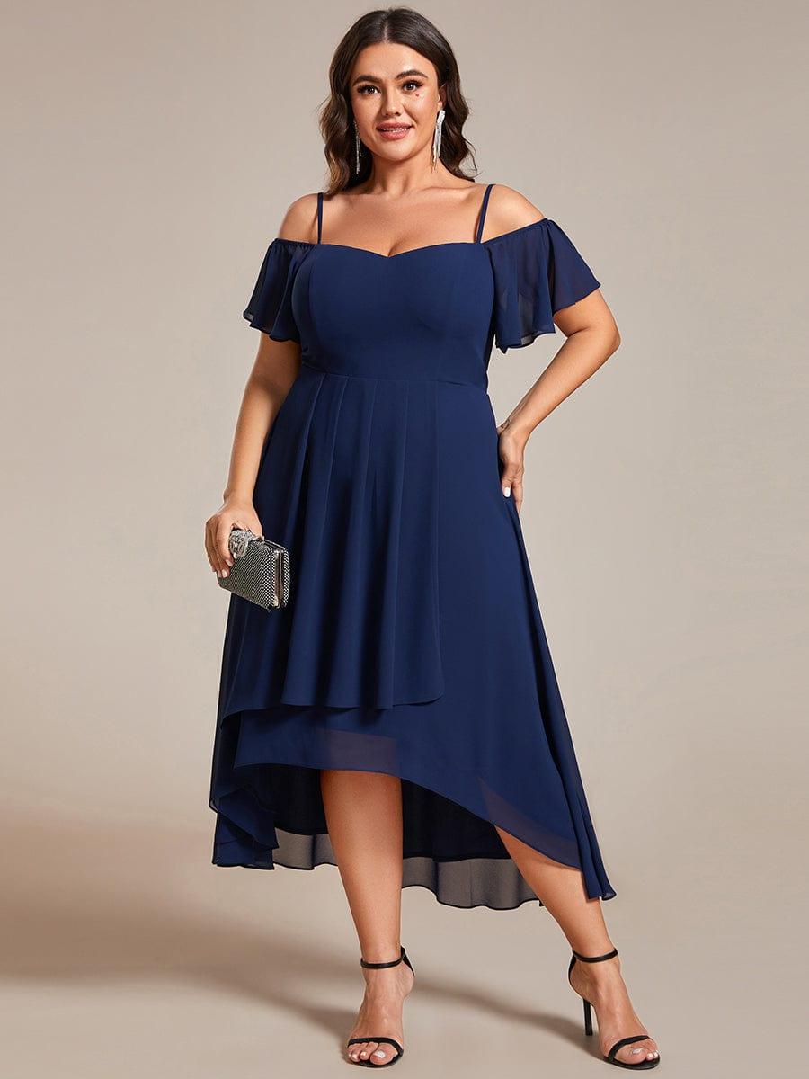 Robes d'invitées de mariage en mousseline, épaules dénudées, hautes et basses, manches courtes #Couleur_Bleu Marine
