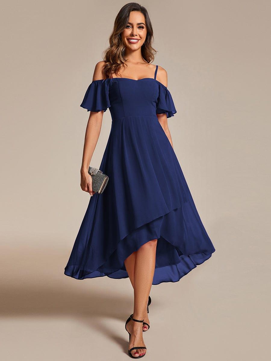 Robes d'invitées de mariage en mousseline, épaules dénudées, hautes et basses, manches courtes #Couleur_Bleu Marine