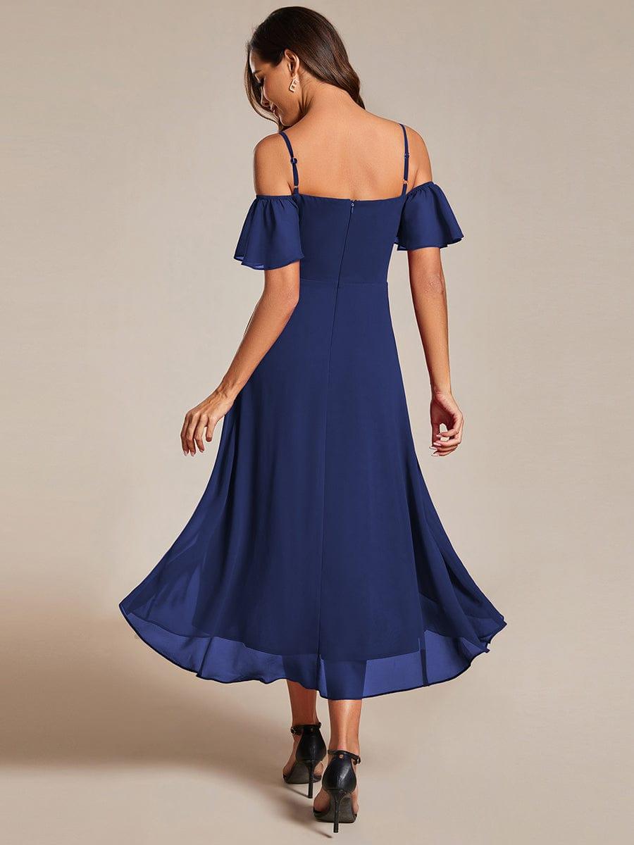 Robes d'invitées de mariage en mousseline, épaules dénudées, hautes et basses, manches courtes #Couleur_Bleu Marine
