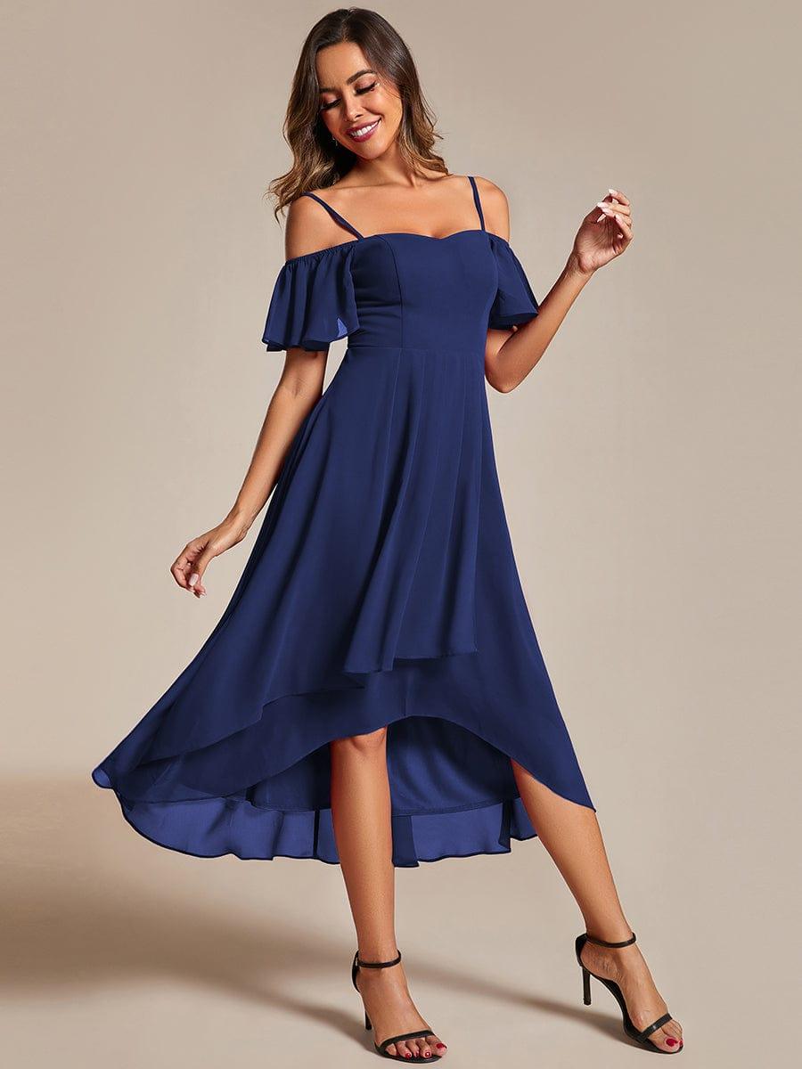 Robes d'invitées de mariage en mousseline, épaules dénudées, hautes et basses, manches courtes #Couleur_Bleu Marine