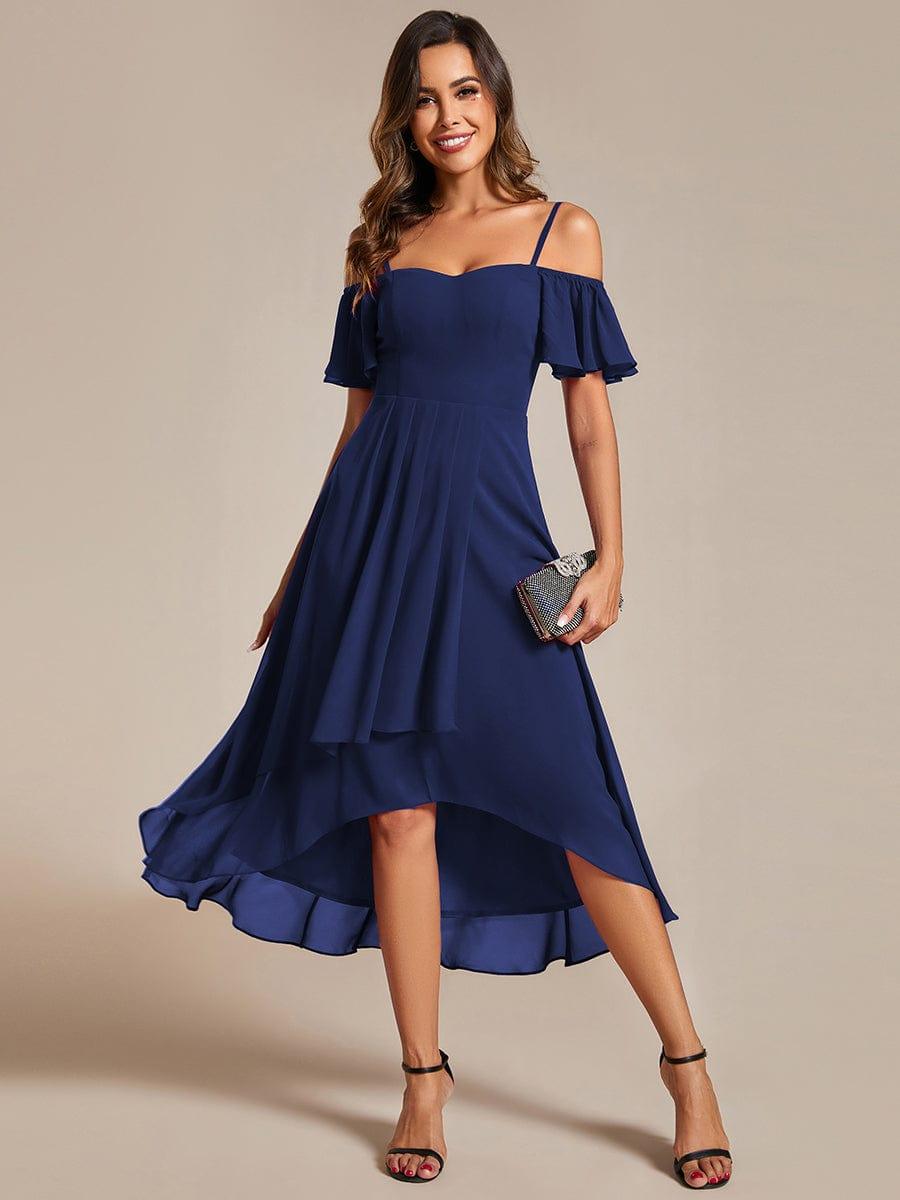 Robes d'invitées de mariage en mousseline, épaules dénudées, hautes et basses, manches courtes #Couleur_Bleu Marine