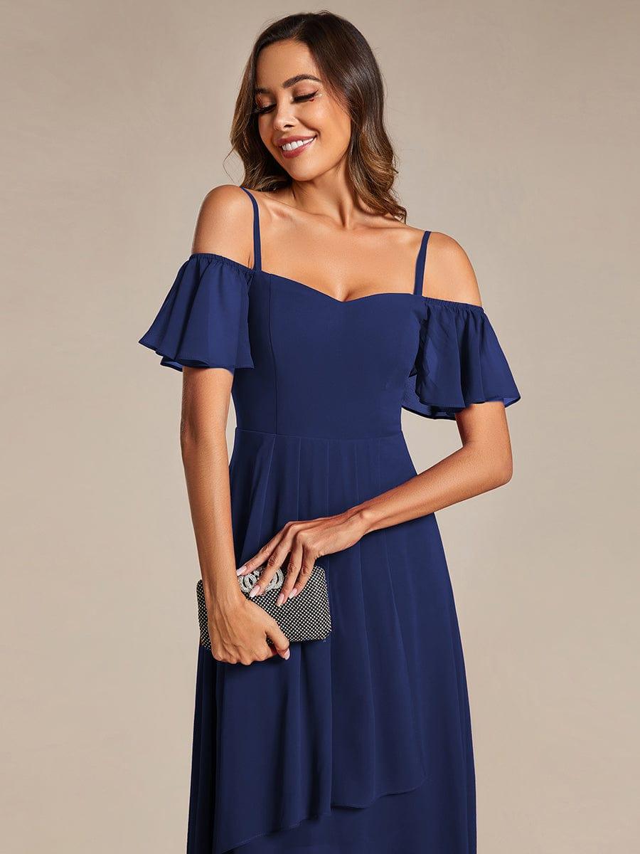Robes d'invitées de mariage en mousseline, épaules dénudées, hautes et basses, manches courtes #Couleur_Bleu Marine
