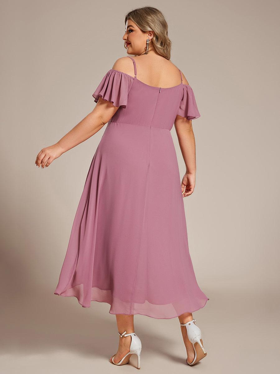 Robes d'invitées de mariage en mousseline, épaules dénudées, hautes et basses, manches courtes #Couleur_Orchidee