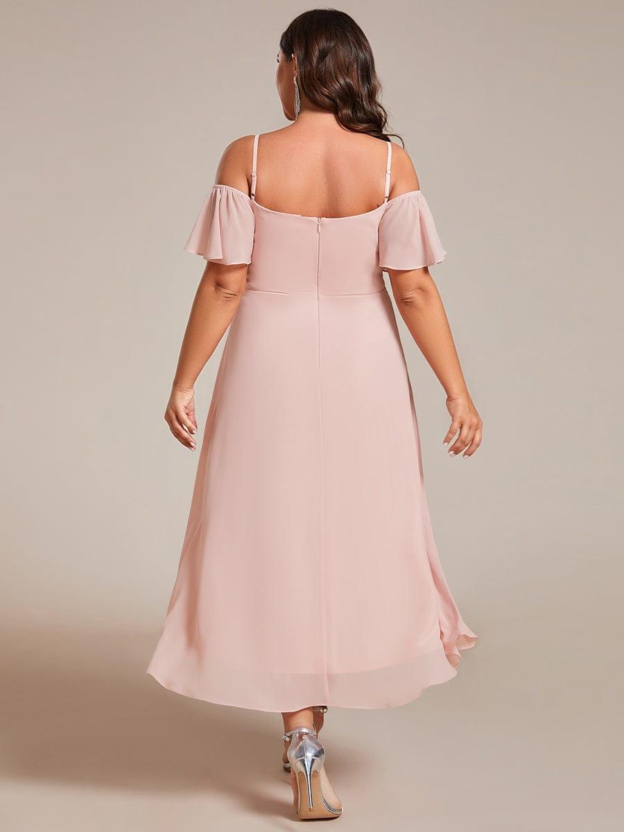 Robes d'invitées de mariage en mousseline de soie, grande taille, épaules dénudées, hautes et basses, manches courtes #Couleur_Rose