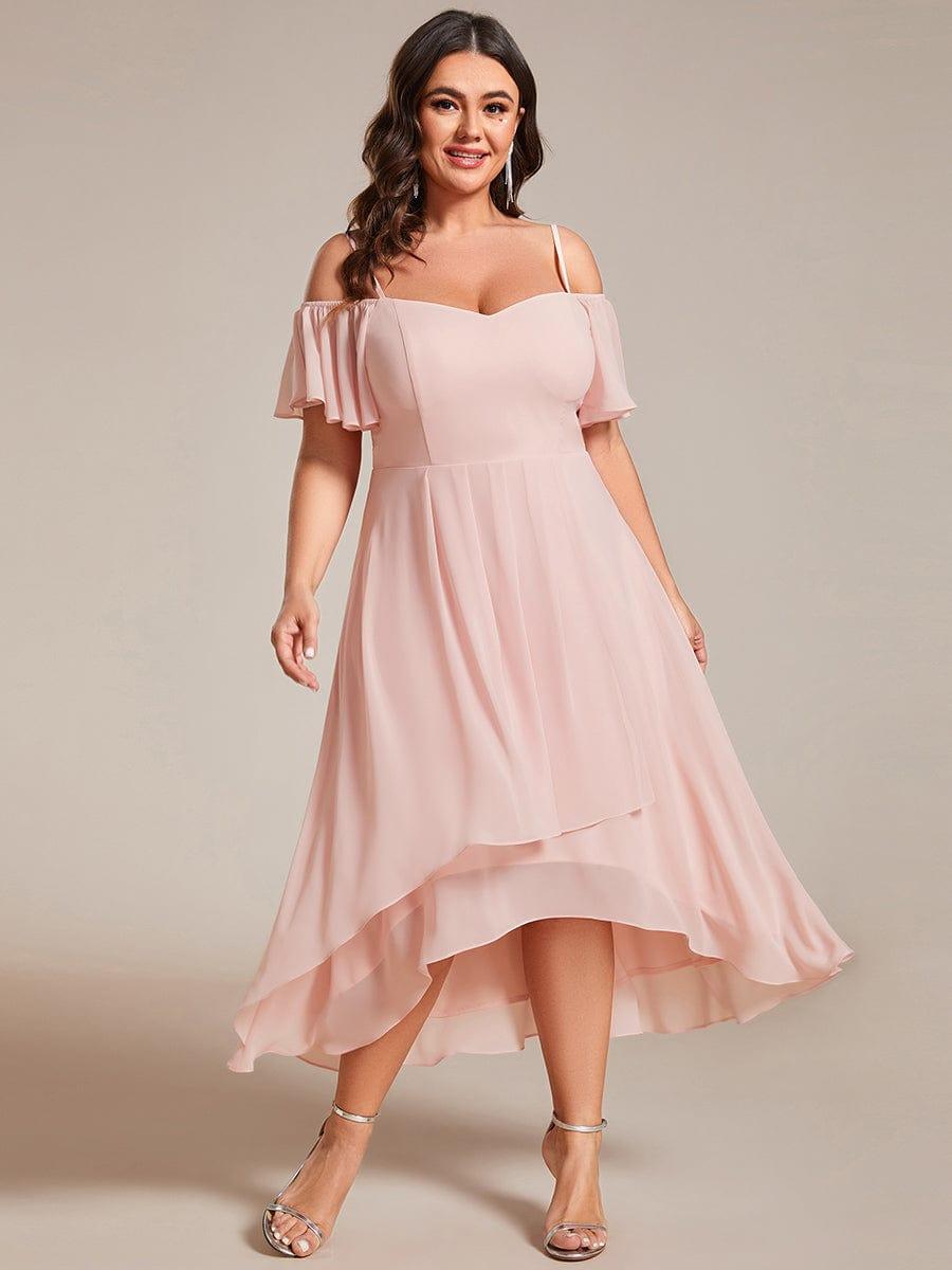 Robes d'invitées de mariage en mousseline, épaules dénudées, hautes et basses, manches courtes #Couleur_Rose