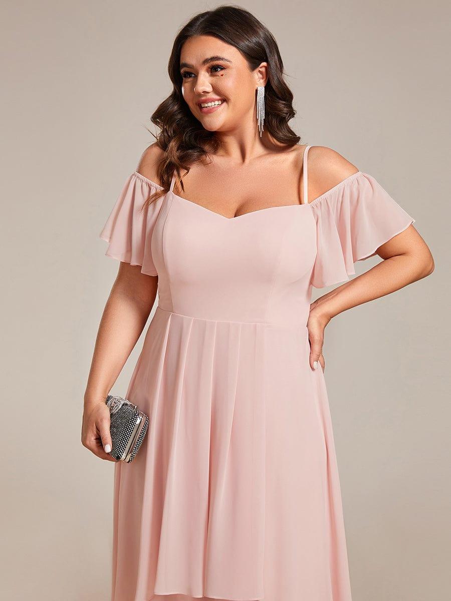 Robes d'invitées de mariage en mousseline, épaules dénudées, hautes et basses, manches courtes #Couleur_Rose