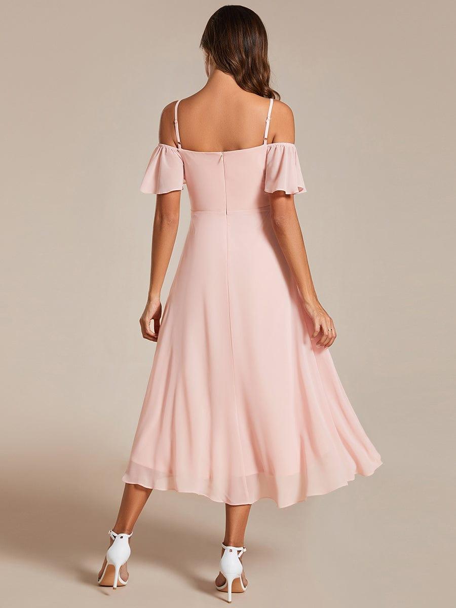 Robes d'invitées de mariage en mousseline, épaules dénudées, hautes et basses, manches courtes #Couleur_Rose