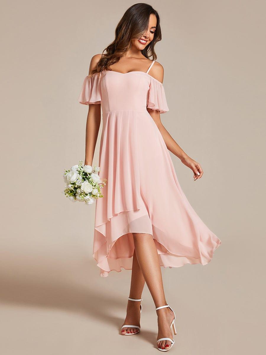 Robes d'invitées de mariage en mousseline, épaules dénudées, hautes et basses, manches courtes #Couleur_Rose