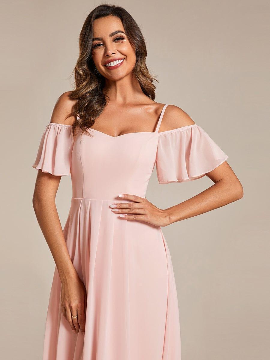 Robes d'invitées de mariage en mousseline, épaules dénudées, hautes et basses, manches courtes #Couleur_Rose