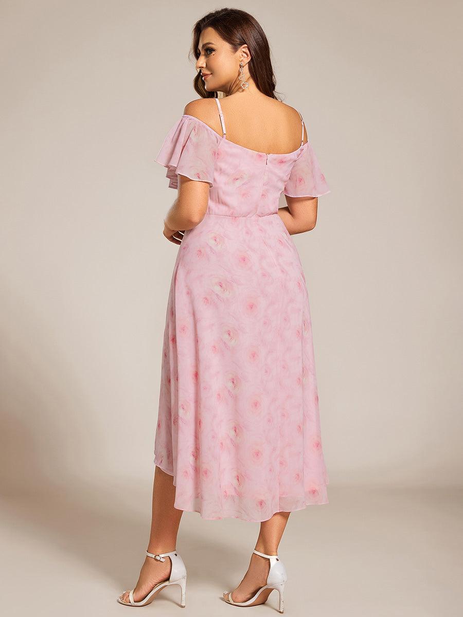 Robes d'invitées de mariage en mousseline, épaules dénudées, hautes et basses, manches courtes #Couleur_Roses Violet Clair
