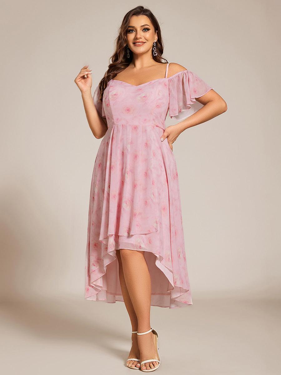 Robes d'invitées de mariage en mousseline, épaules dénudées, hautes et basses, manches courtes #Couleur_Roses Violet Clair