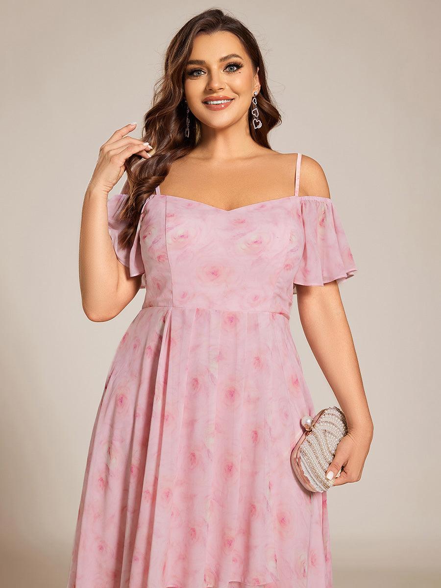 Robes d'invitées de mariage en mousseline, épaules dénudées, hautes et basses, manches courtes #Couleur_Roses Violet Clair