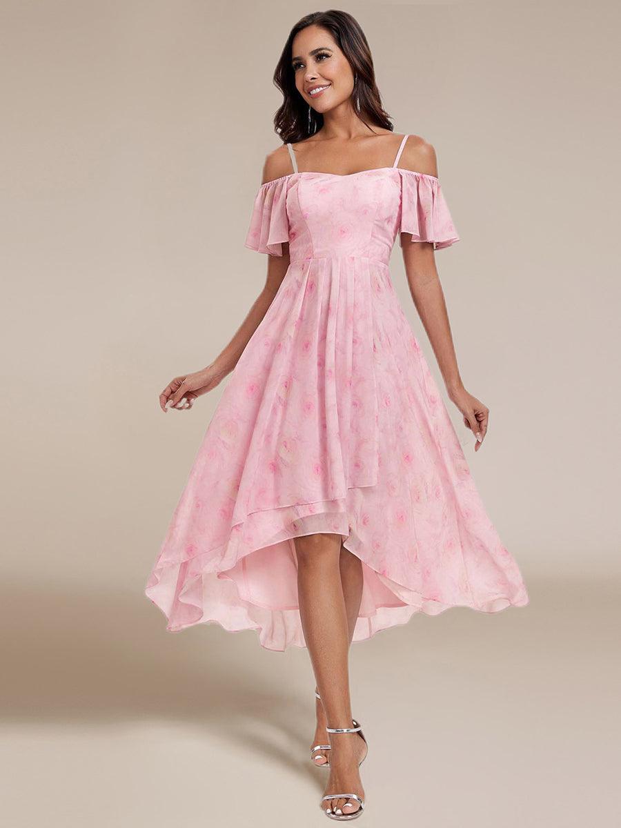 Robes d'invitées de mariage en mousseline, épaules dénudées, hautes et basses, manches courtes #Couleur_Roses Violet Clair