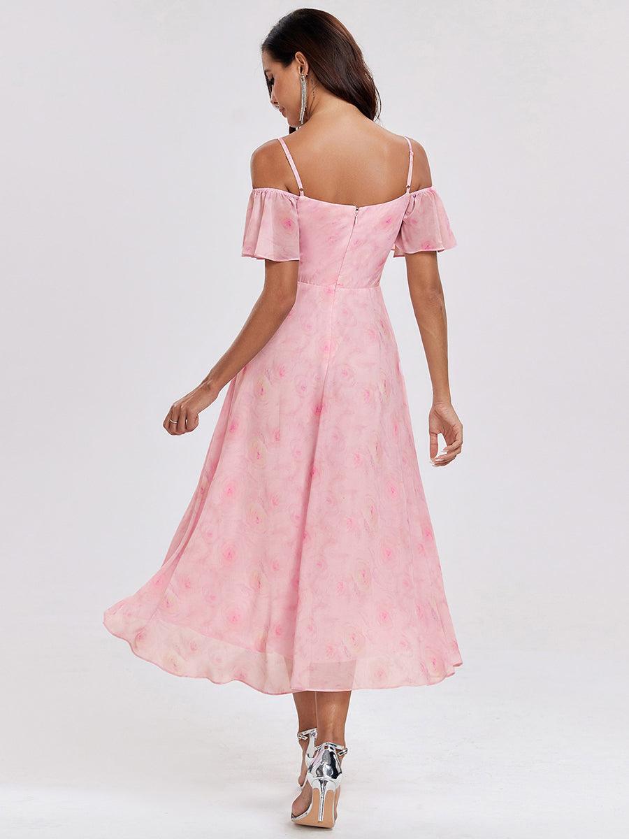 Robes d'invitées de mariage en mousseline, épaules dénudées, hautes et basses, manches courtes #Couleur_Roses Violet Clair