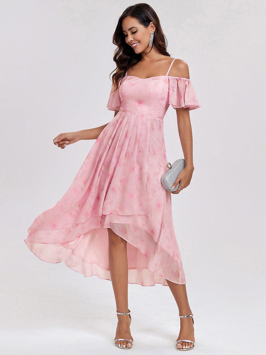 Robes d'invitées de mariage en mousseline, épaules dénudées, hautes et basses, manches courtes #Couleur_Roses Violet Clair