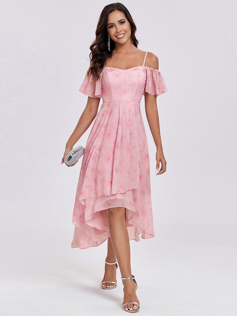 Robes d'invitées de mariage en mousseline, épaules dénudées, hautes et basses, manches courtes #Couleur_Roses Violet Clair