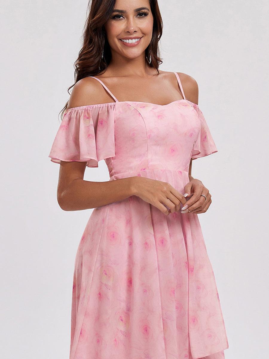 Robes d'invitées de mariage en mousseline, épaules dénudées, hautes et basses, manches courtes #Couleur_Roses Violet Clair