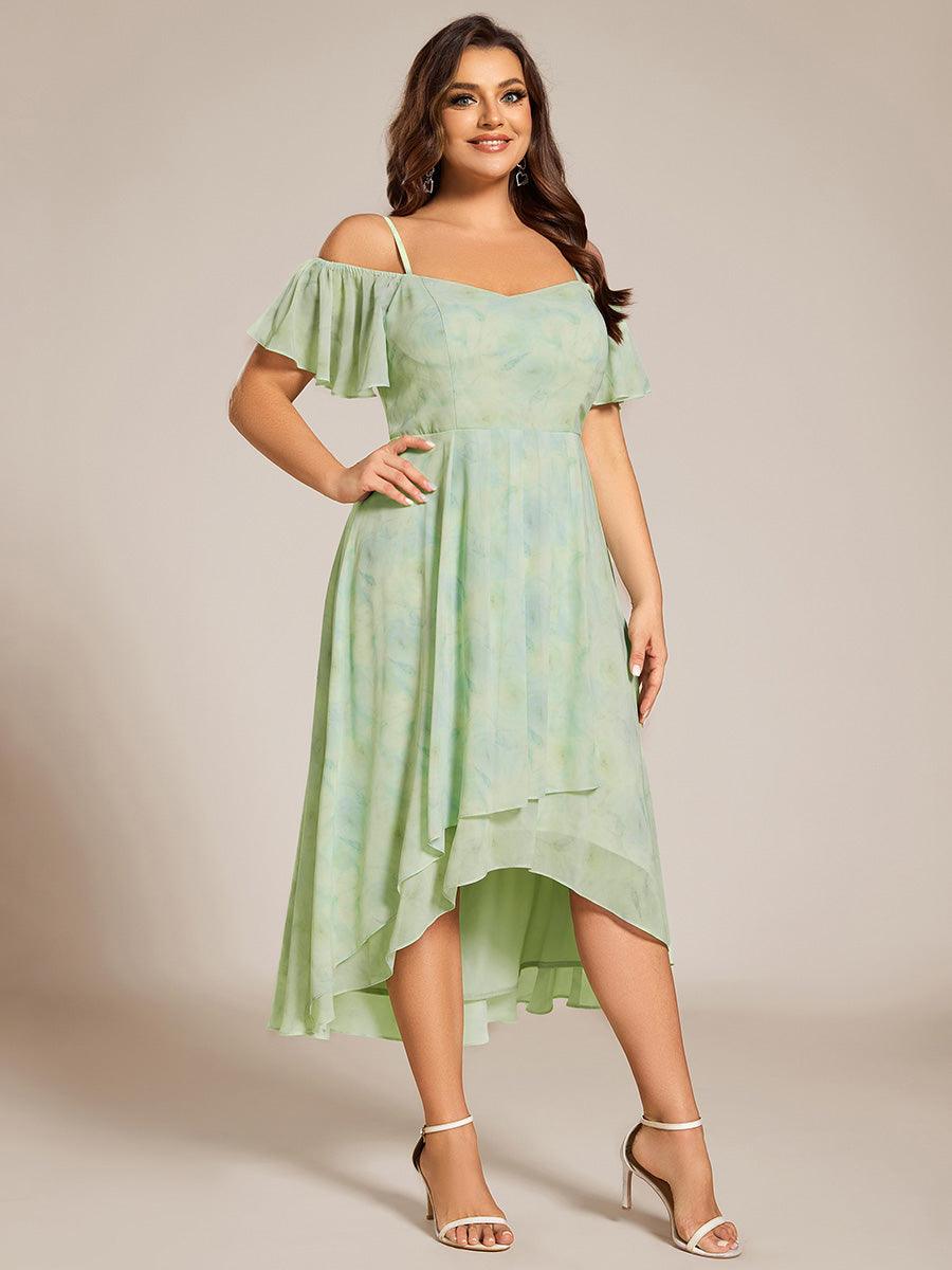 Robes d'invitées de mariage en mousseline, épaules dénudées, hautes et basses, manches courtes #Couleur_Roses Vert Clair