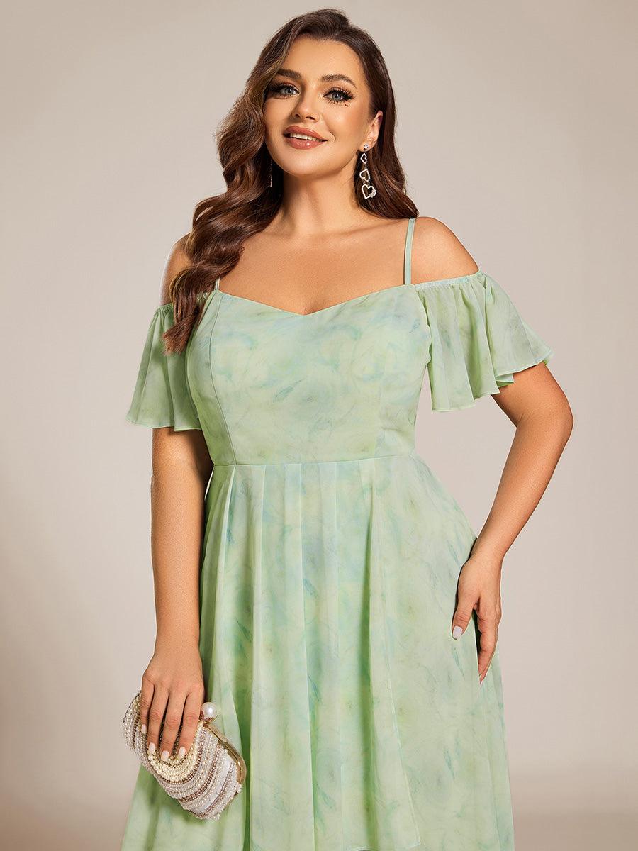 Robes d'invitées de mariage en mousseline, épaules dénudées, hautes et basses, manches courtes #Couleur_Roses Vert Clair