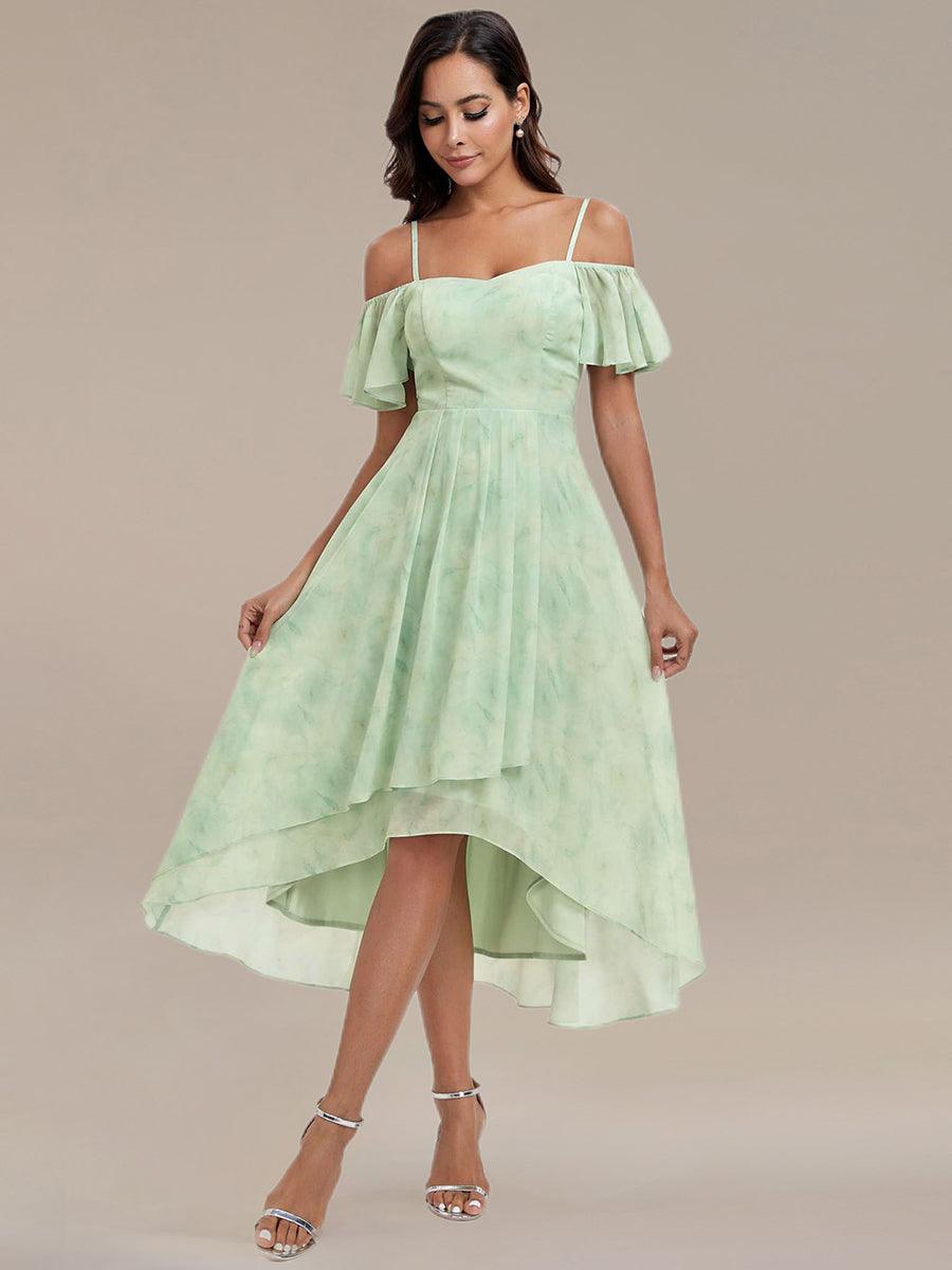 Robes d'invitées de mariage en mousseline, épaules dénudées, hautes et basses, manches courtes #Couleur_Roses Vert Clair