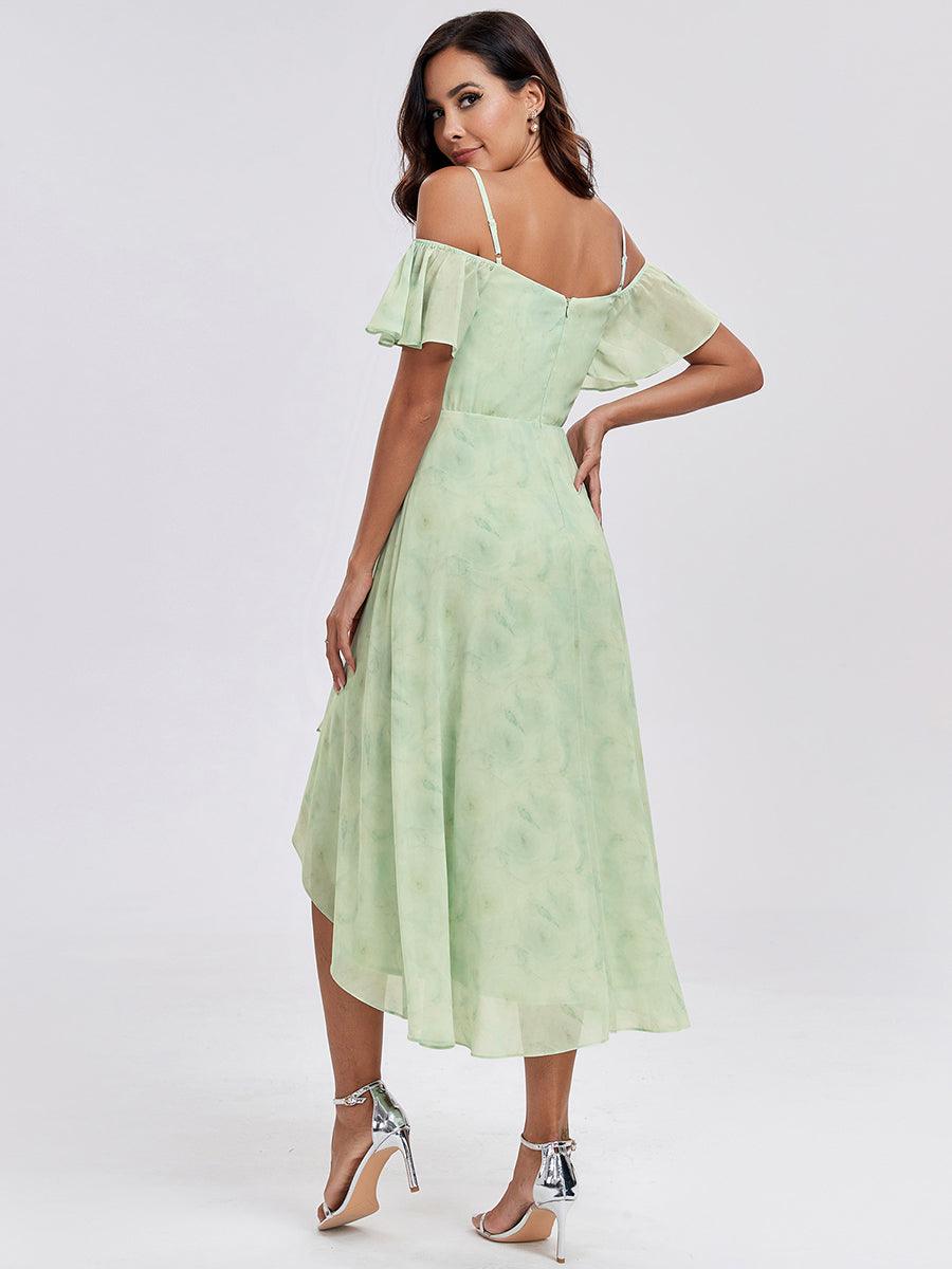 Robes d'invitées de mariage en mousseline, épaules dénudées, hautes et basses, manches courtes #Couleur_Roses Vert Clair