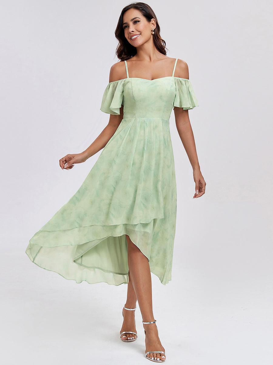 Robes d'invitées de mariage en mousseline, épaules dénudées, hautes et basses, manches courtes #Couleur_Roses Vert Clair