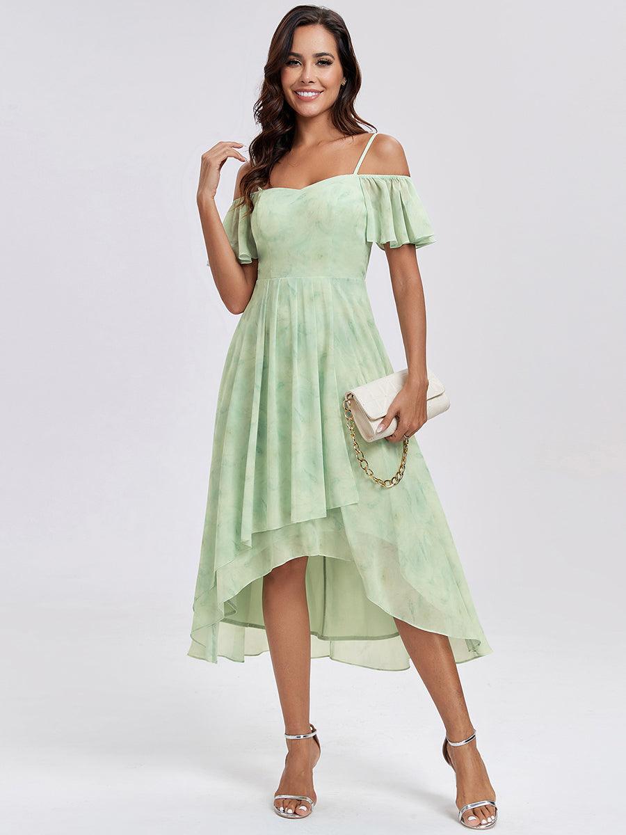 Robes d'invitées de mariage en mousseline, épaules dénudées, hautes et basses, manches courtes #Couleur_Roses Vert Clair