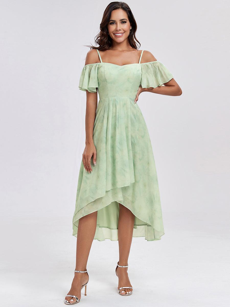 Robes d'invitées de mariage en mousseline, épaules dénudées, hautes et basses, manches courtes #Couleur_Roses Vert Clair