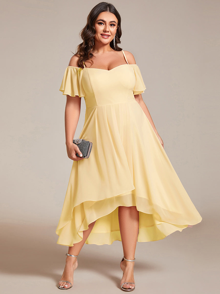 Robes d'invitées de mariage en mousseline  épaules dénudées  hautes et basses  manches courtes #Couleur_Jaune