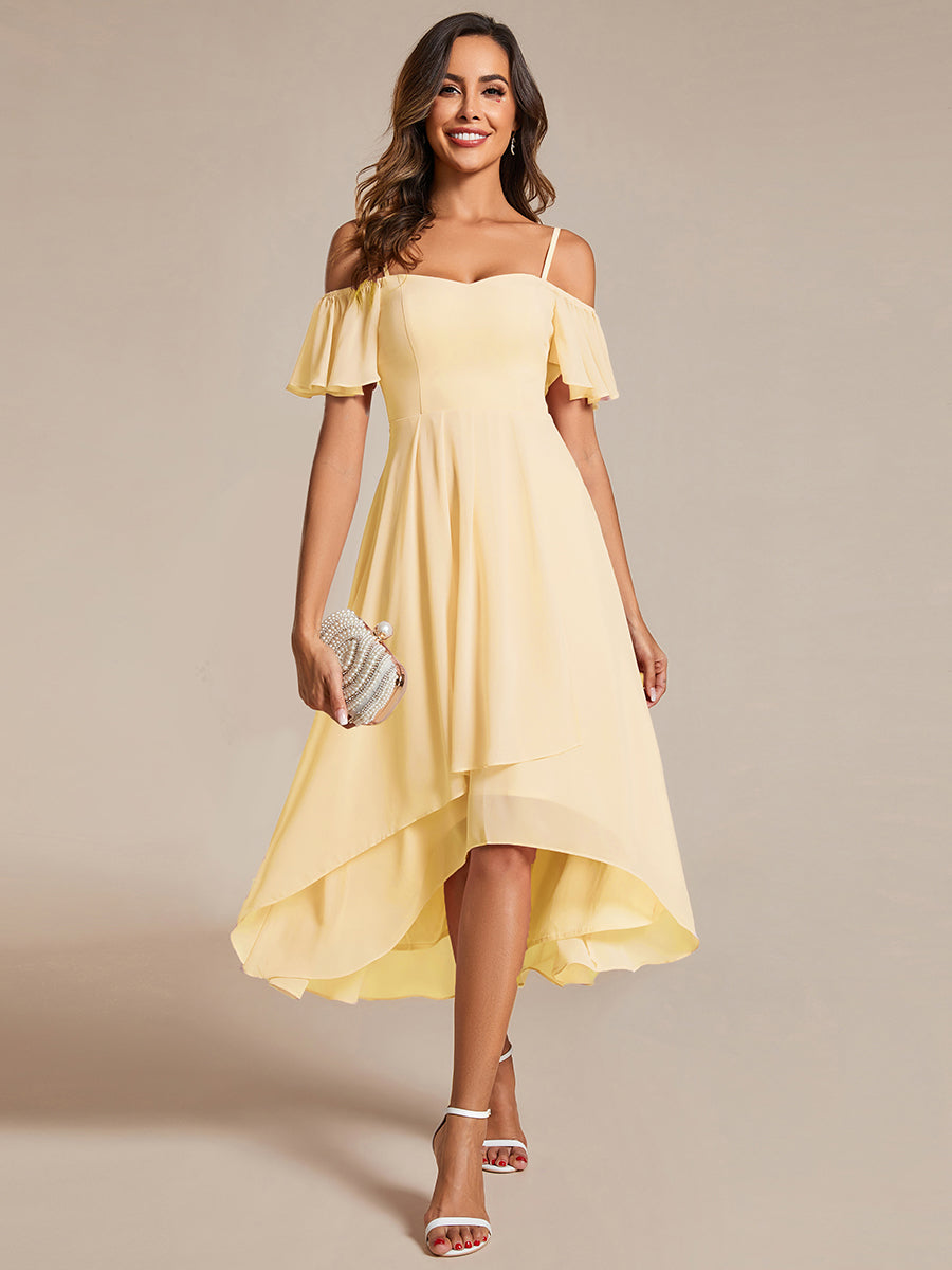 Robes d'invitées de mariage en mousseline  épaules dénudées  hautes et basses  manches courtes #Couleur_Jaune