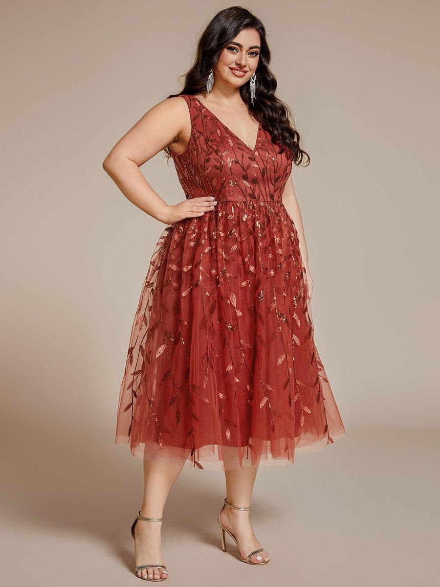Robe d'invitée de mariage mi-longue à paillettes et feuilles grande taille #Couleur_Orange Brûlée